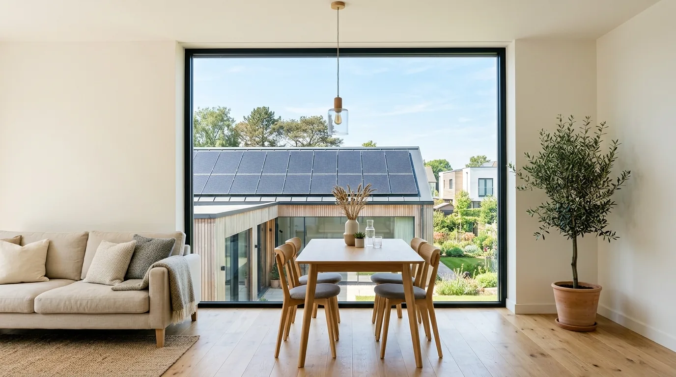 Kitchen designed with reclaimed wood accents and energy efficient appliances