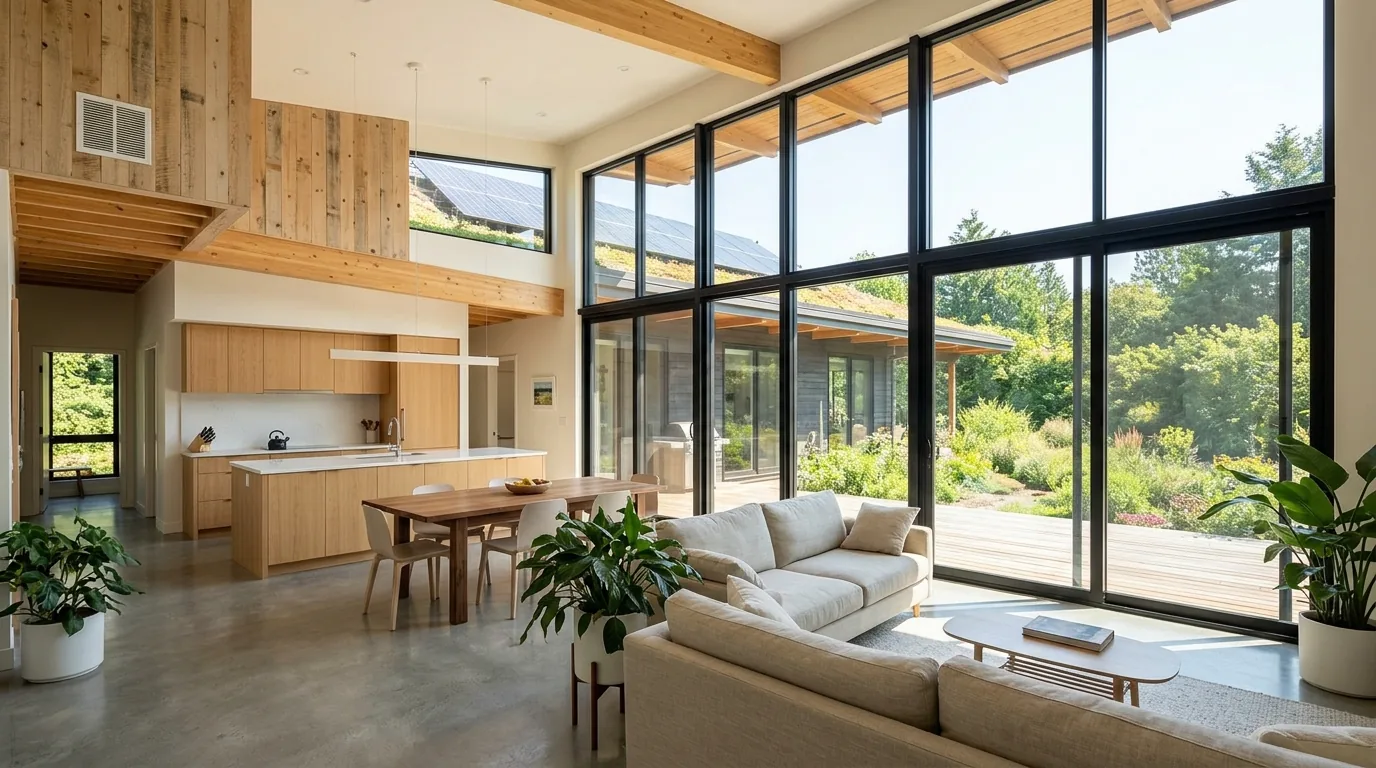 Luxury sustainable home with rainwater collection and warm organic finishes