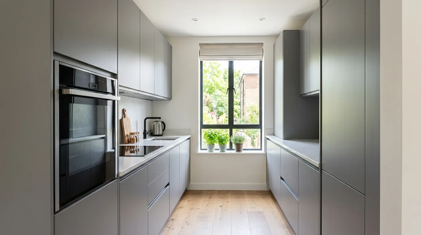 Compact kitchen with floor to ceiling pantry storage