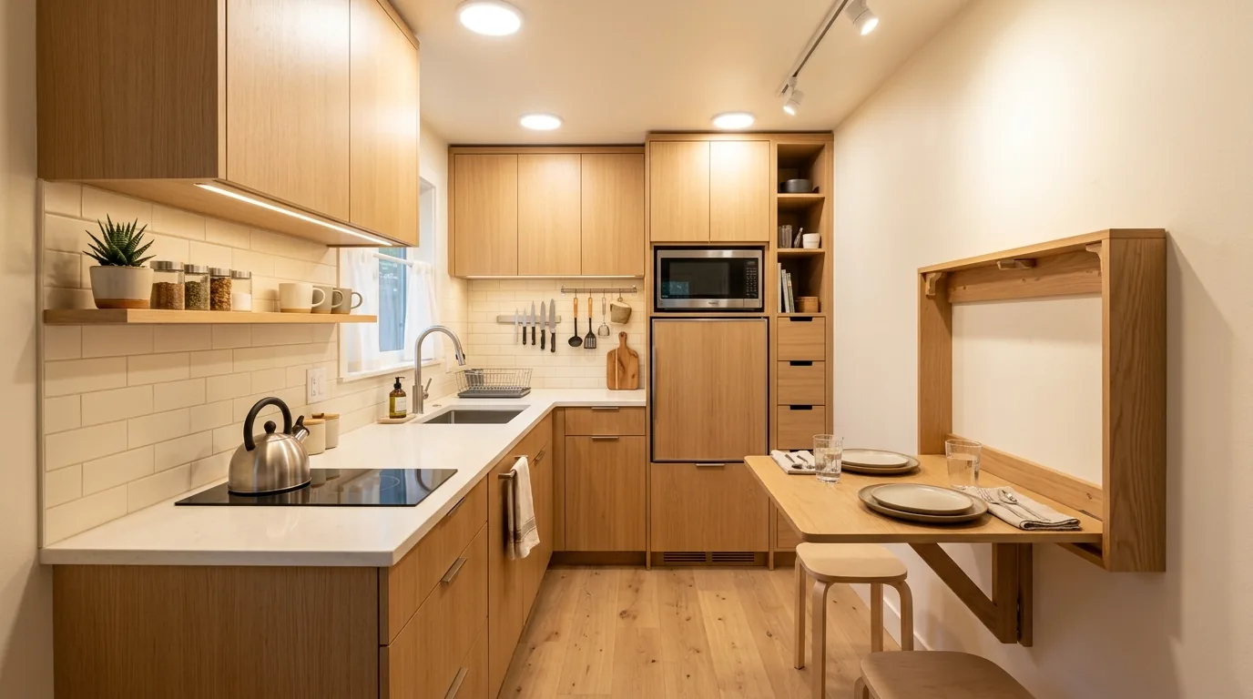 Small kitchen remodel featuring narrow island with seating