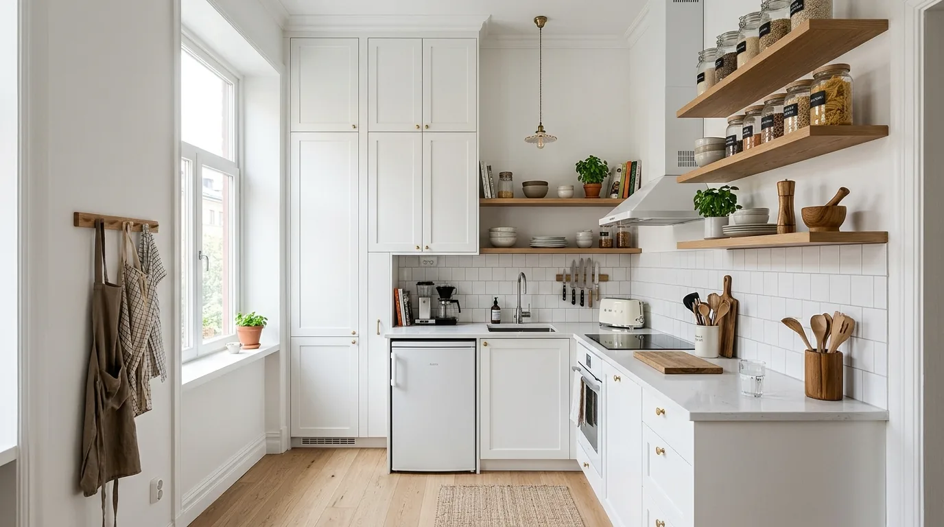 Tiny kitchen with reflective zellige backsplash and creamy palette