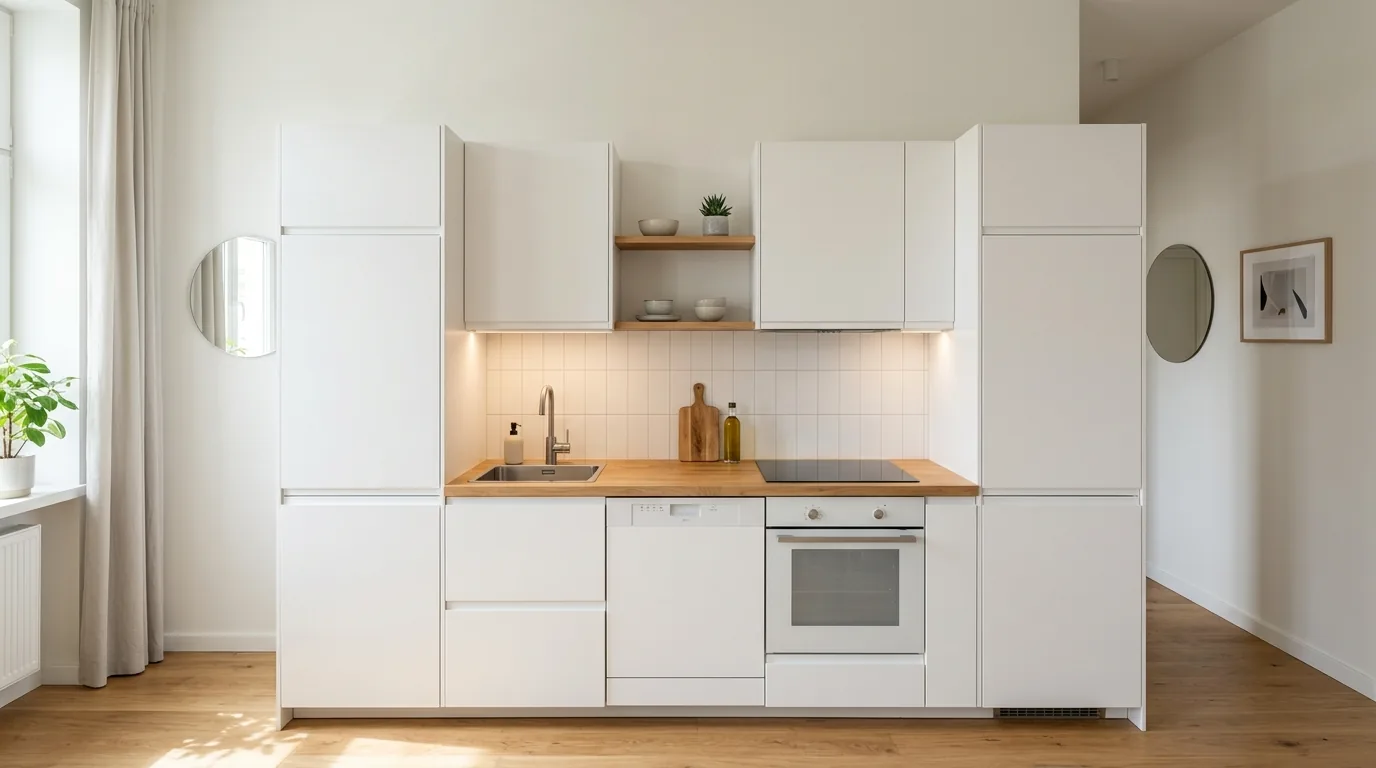 Corner appliance garage built into compact cabinetry