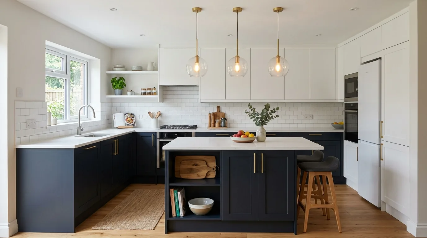 Small kitchen with glass front uppers and interior lighting