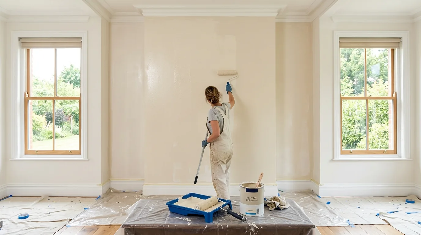 Renovated family room with concealed media storage and clean millwork wall