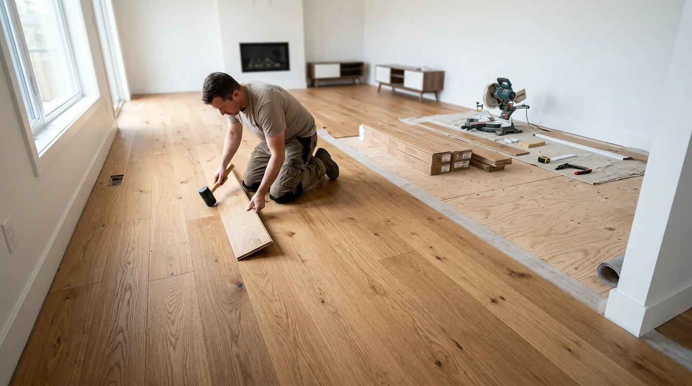 Room upgraded with pale oak flooring and soft linen drapery