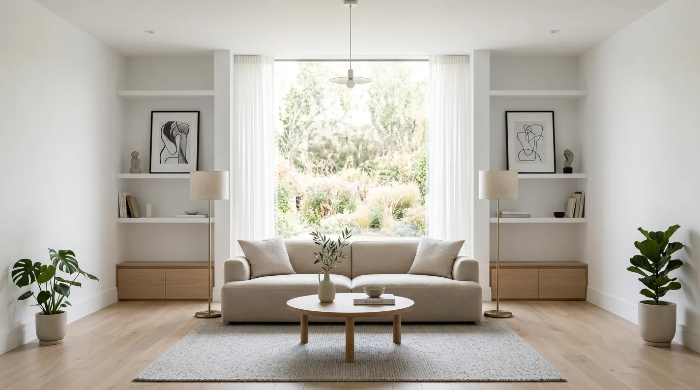Cozy living room with enlarged window treatment and warm ambient lamps