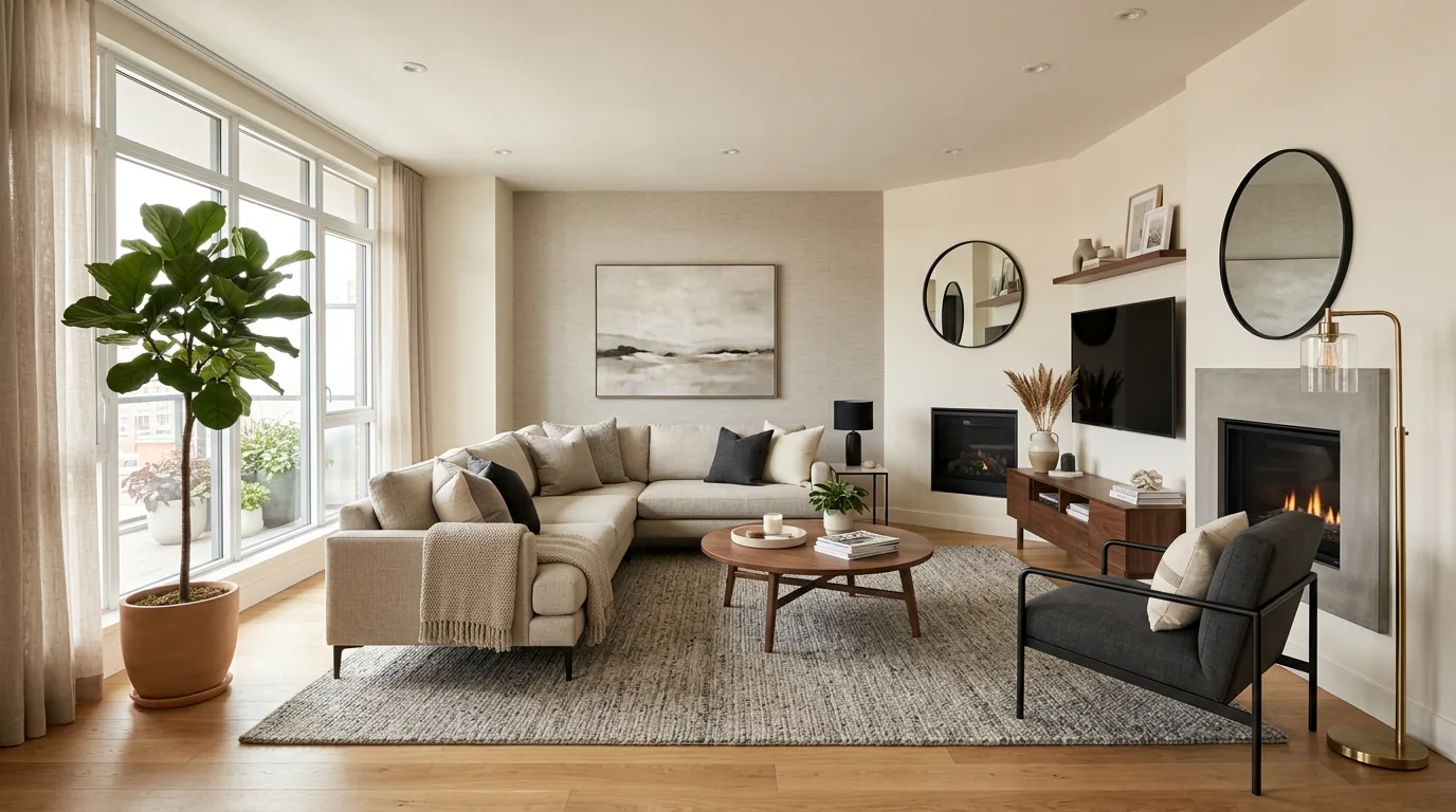 Farmhouse style living room with stone fireplace facelift and lighter beams