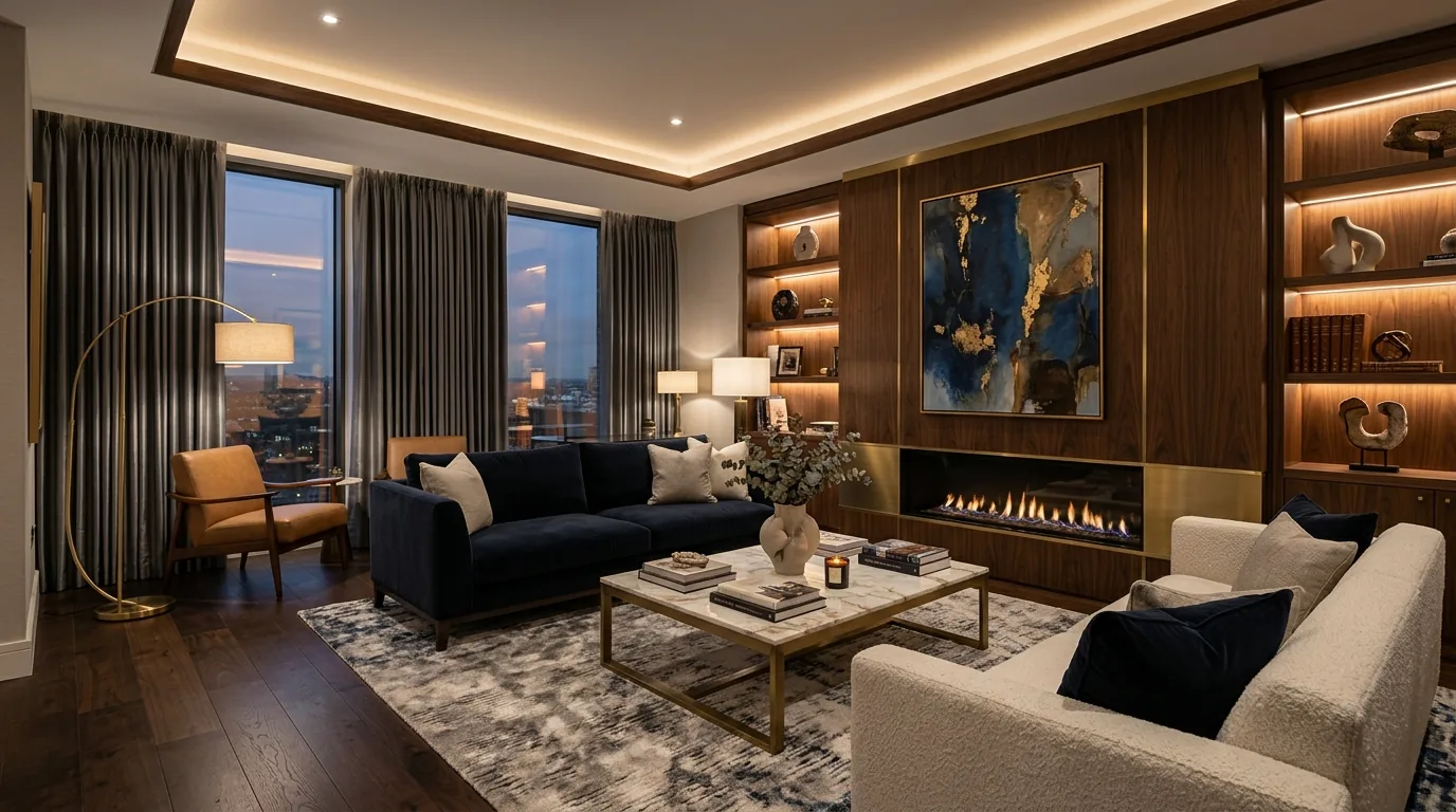 Luxury lounge with marble hearth