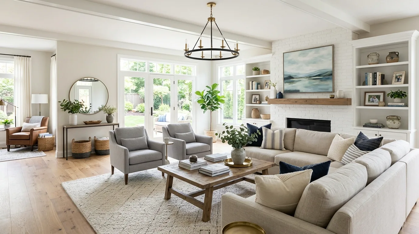 Whole living room finished with art lighting and balanced styling layers