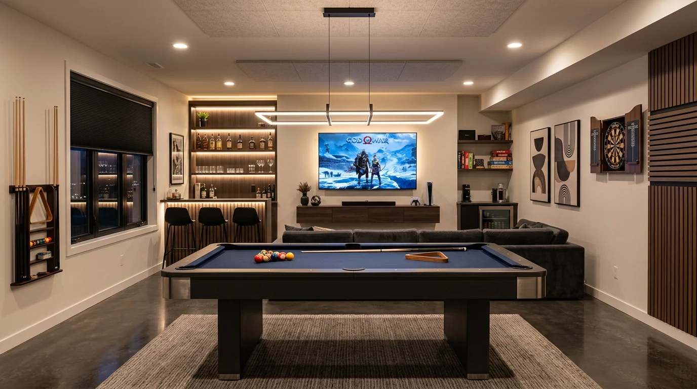 Arcade inspired room with neon sign and retro cabinet lineup