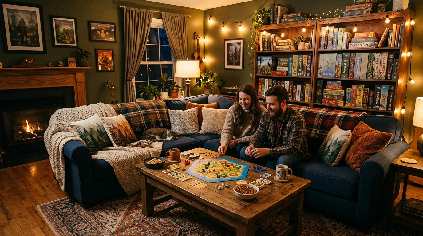 Family game room with board game shelf wall and central round table