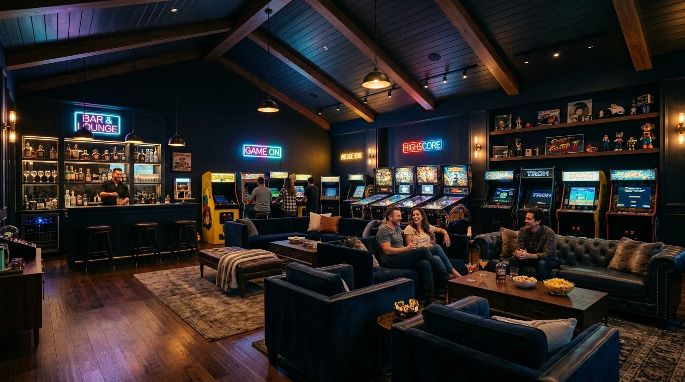 Compact basement gaming zone with dual consoles and media storage