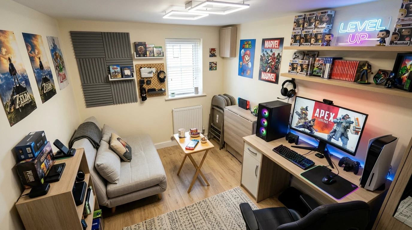 Modern game lounge with built in snack bar and under shelf lighting