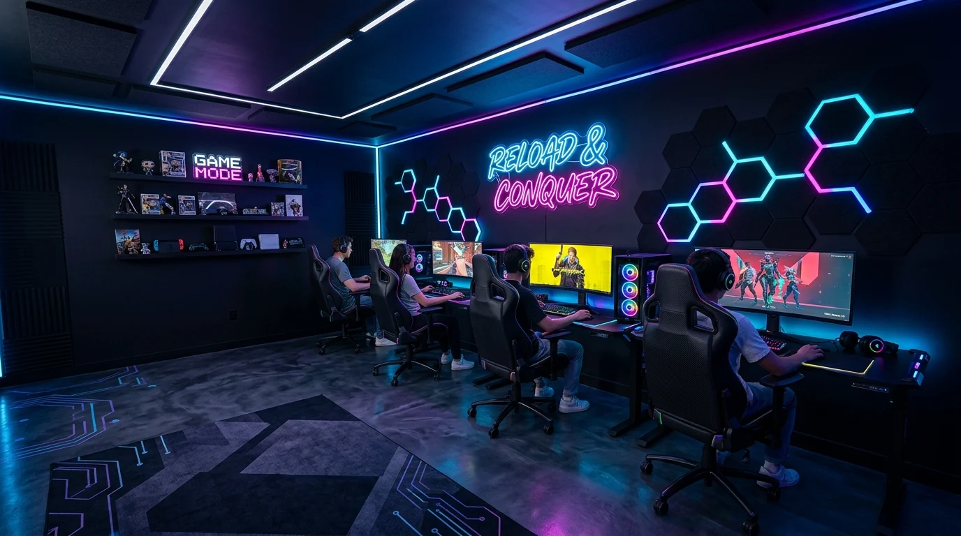 Teen game room with bold rug and modular seating cubes