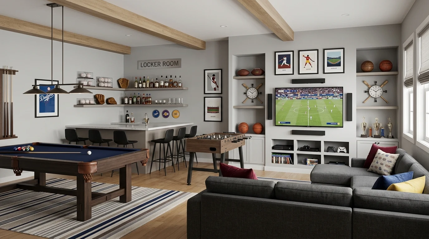 Small game room with wall mounted controllers and hidden cabinet storage