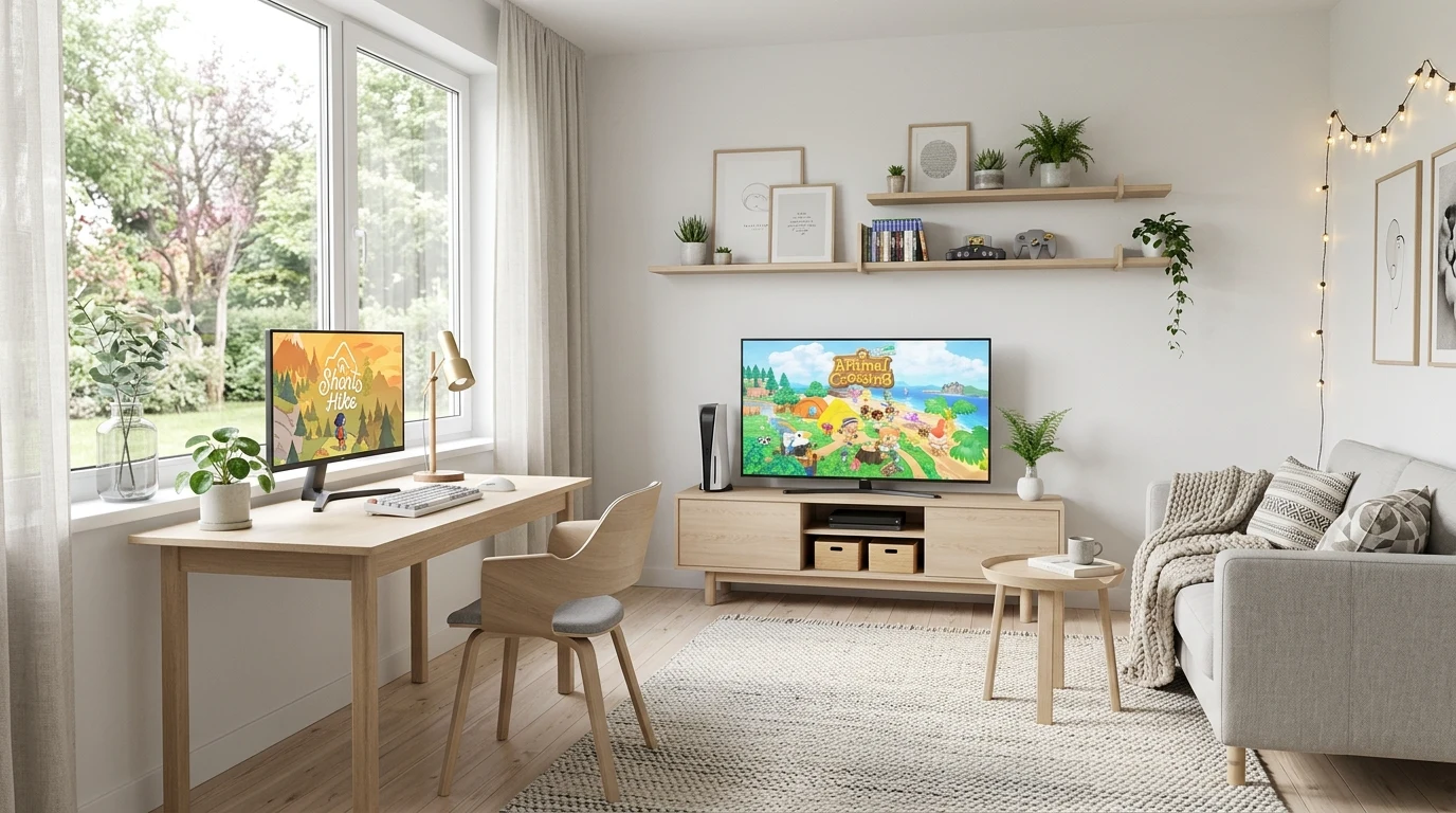Attic entertainment room with sloped ceiling lighting and cozy beanbag zone