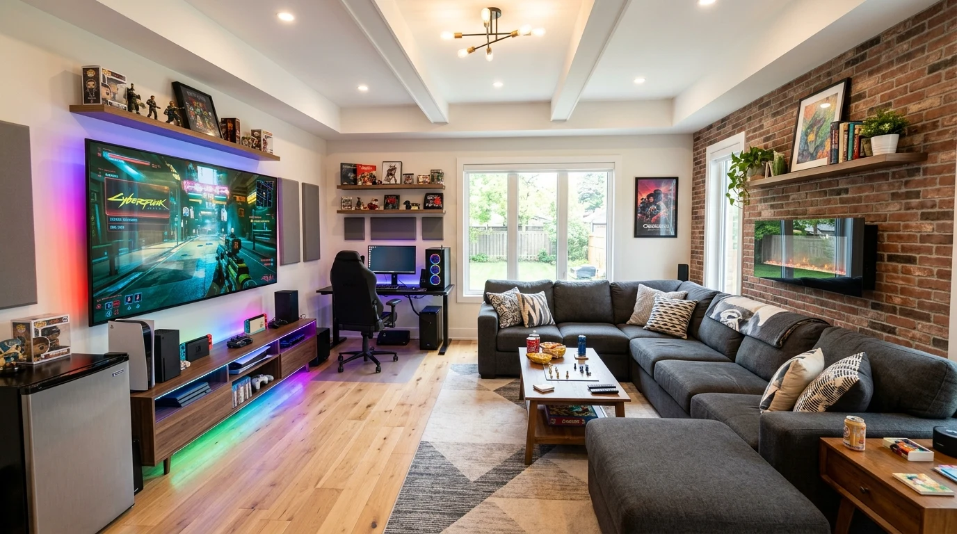 Coastal game room with pale woods and shuffleboard table