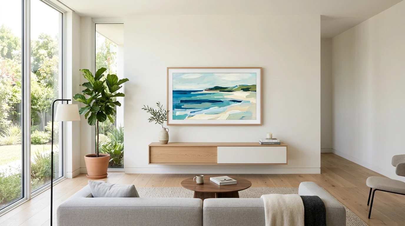 Black TV framed to match moody picture rails and mantel decor