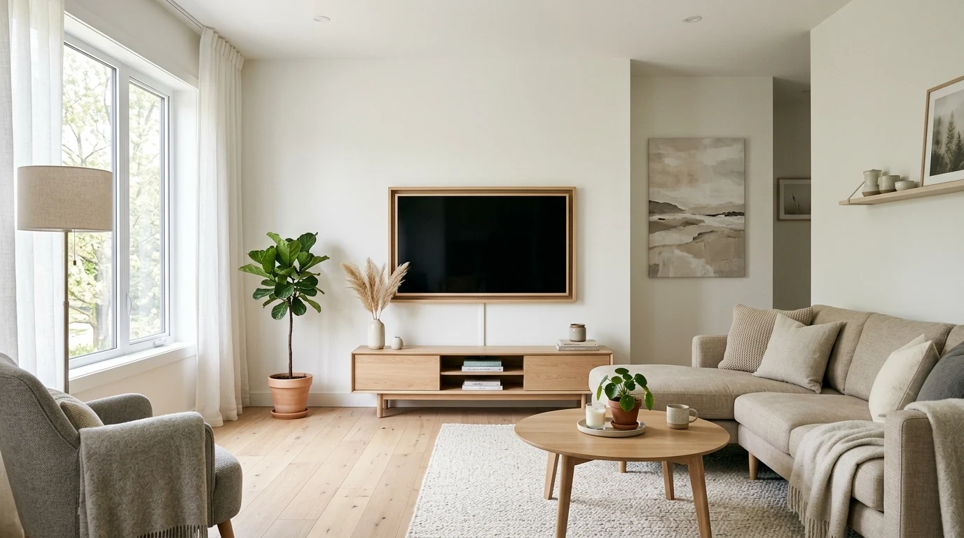 Built in wall with framed screen centered among books and art objects