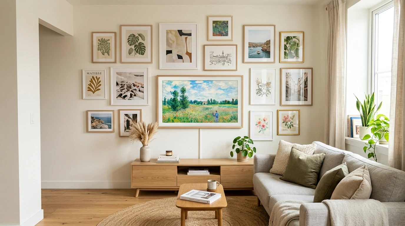 Small apartment lounge with compact TV frame and salon style art grouping