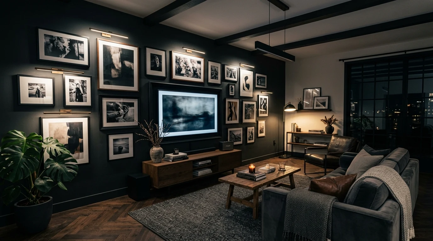 Farmhouse room with rustic timber TV frame and layered mantel styling