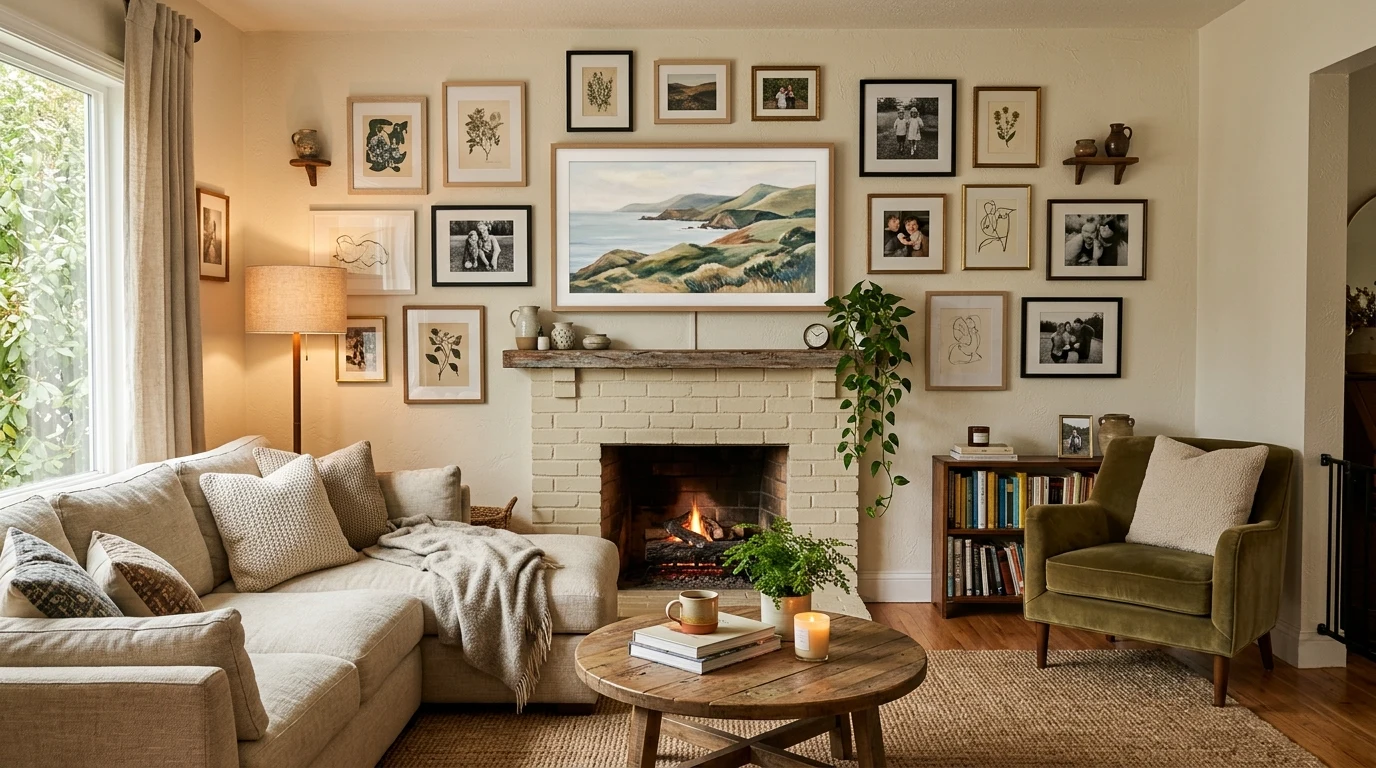 Luxury media wall with stone slab backdrop and tailored frame detail