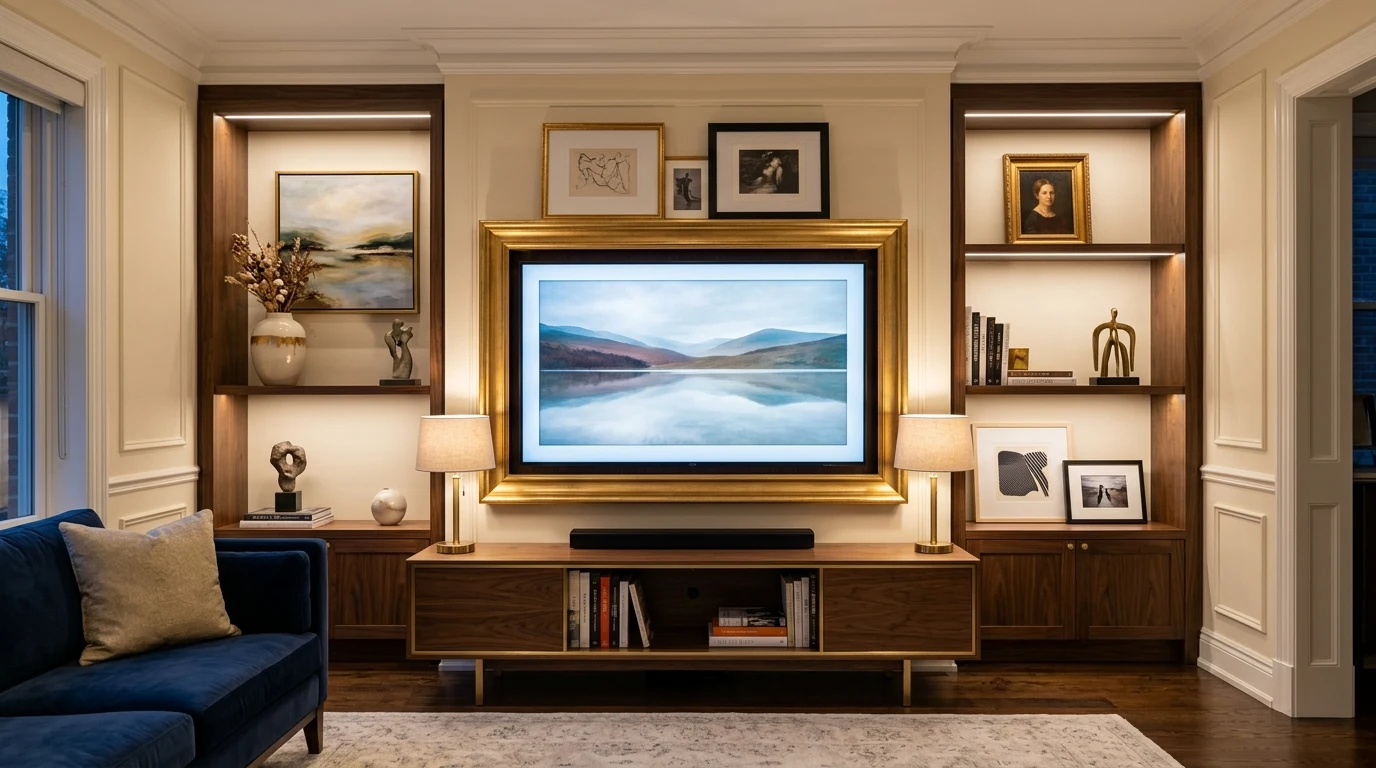 High contrast living room with statement TV frame and balanced sconces
