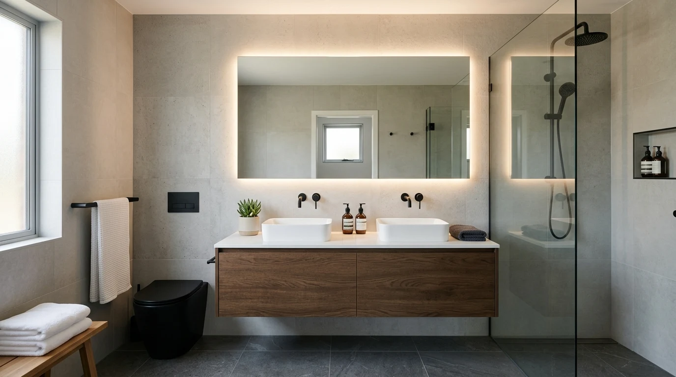 Small bathroom refreshed with pale tile and frameless glass shower