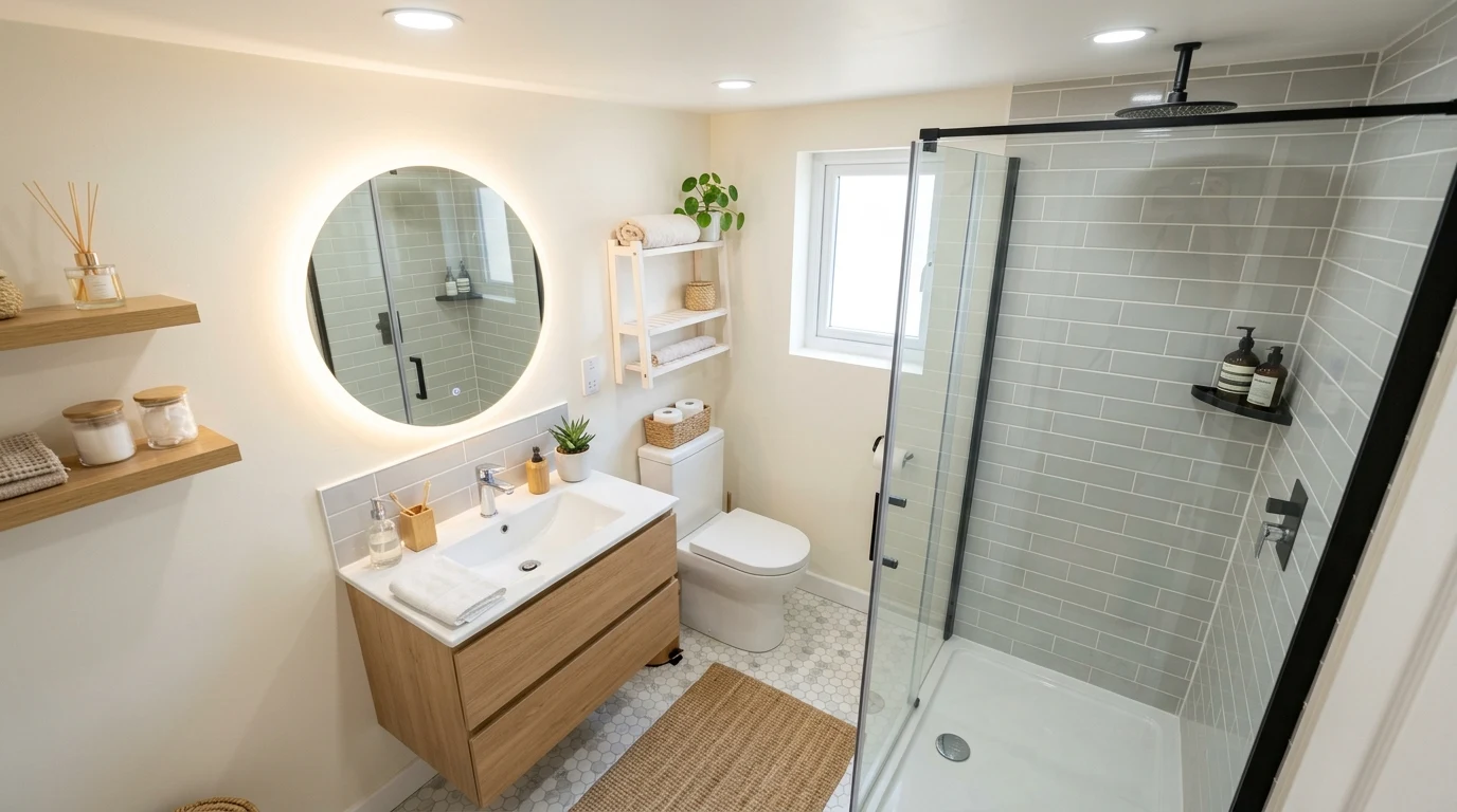 Vanity wall with new brass hardware and round mirror