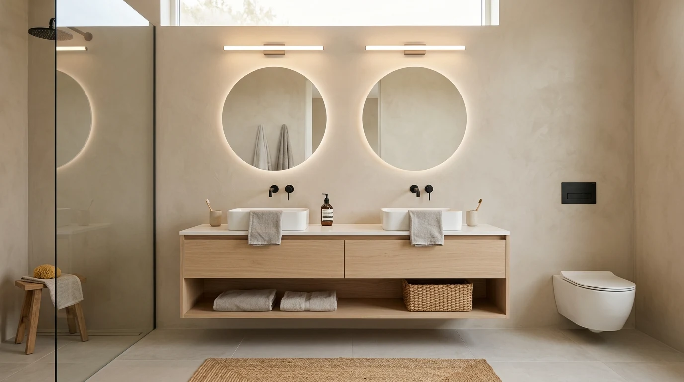 Bathroom with vertical wall tile and warm wood accents