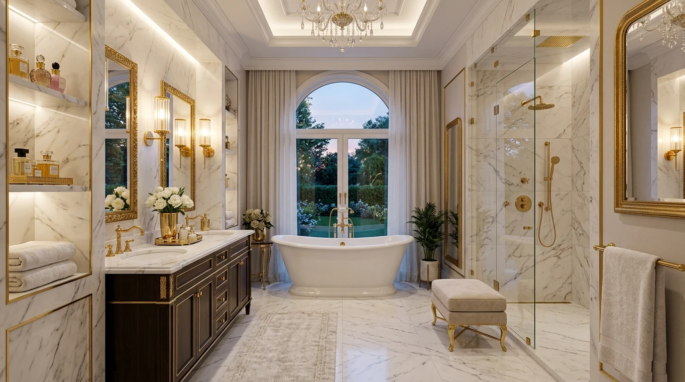 Classic bath updated with patterned floor tile and crisp white paint