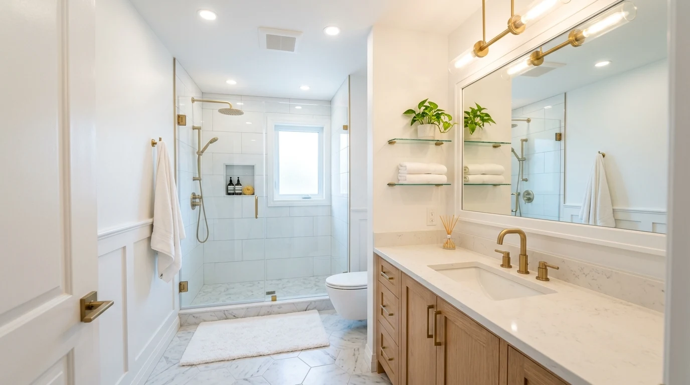 Compact powder room with bold wallpaper and slim vanity