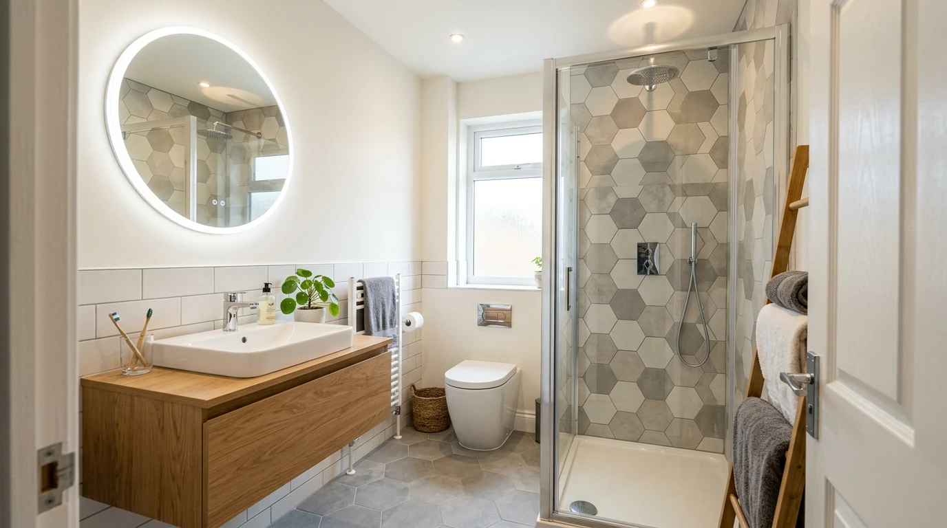 Family bathroom with improved drawer storage and dual sinks