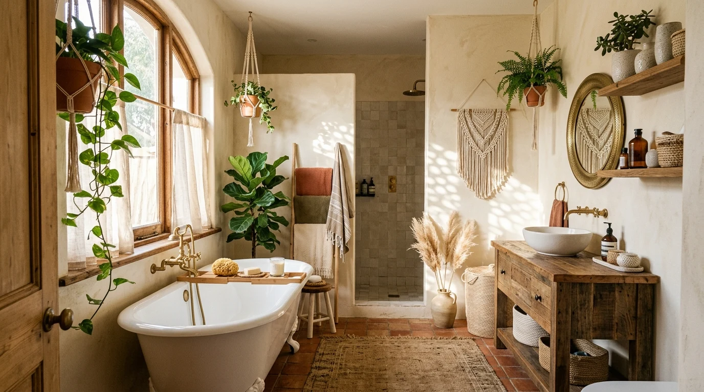 Coastal bath with pale blue accents and textured stone counter