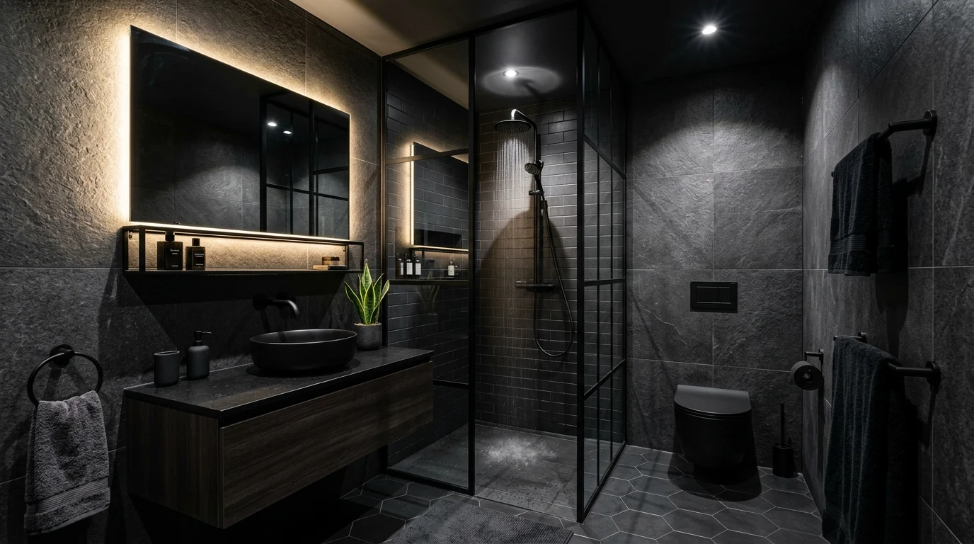 Minimalist bathroom with wall mounted faucet and seamless backsplash