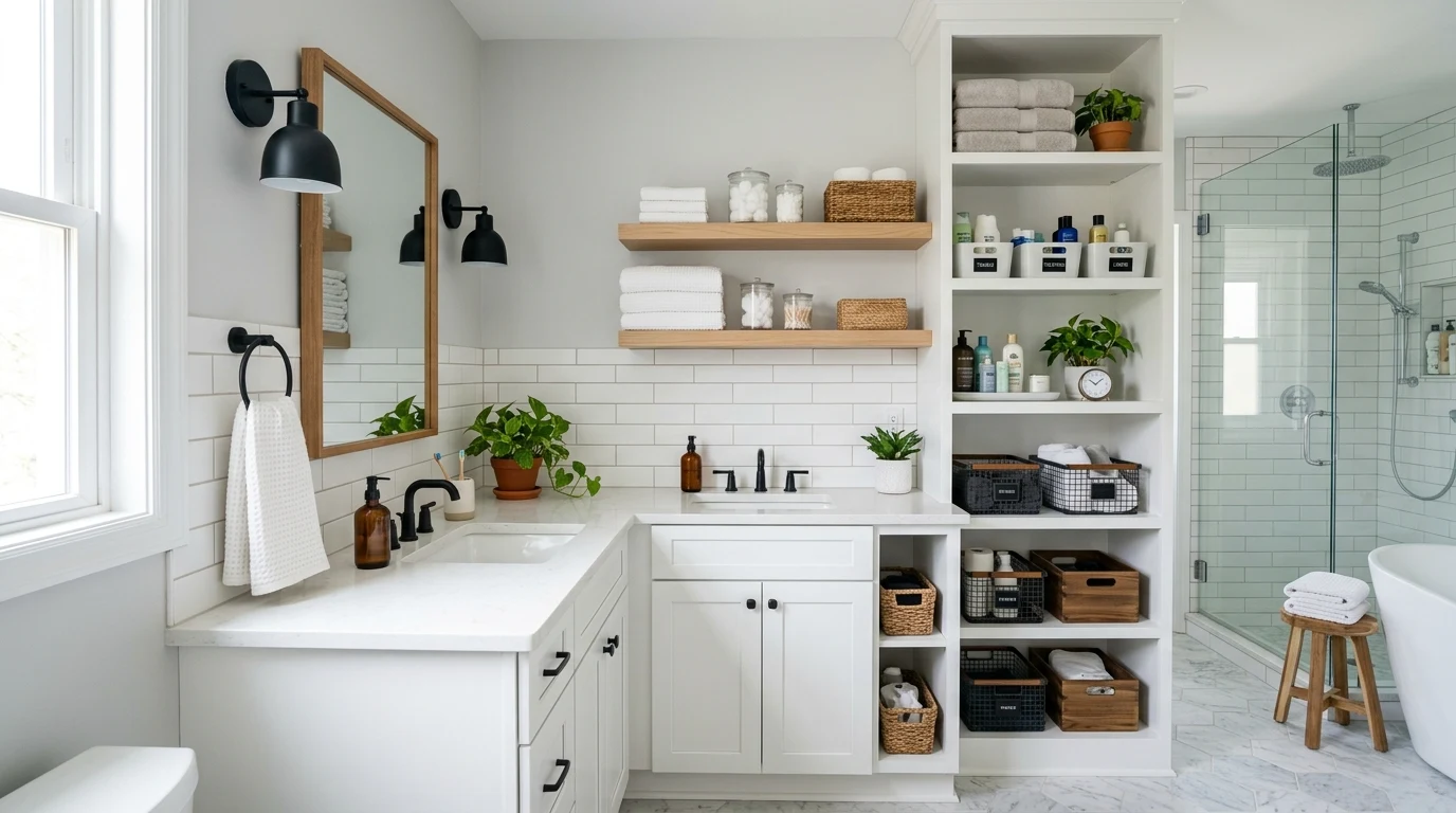 Apartment bath with peel and stick update plus better shelving