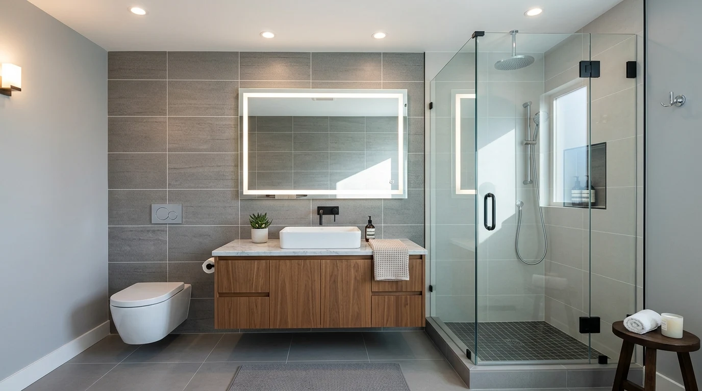 Luxury redesign with oversized shower and tailored vanity millwork