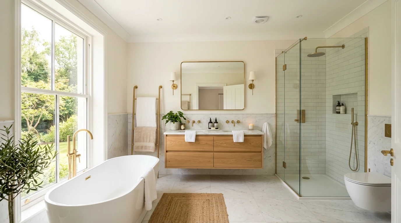 Whole bathroom completed with coordinated accessories and light layering