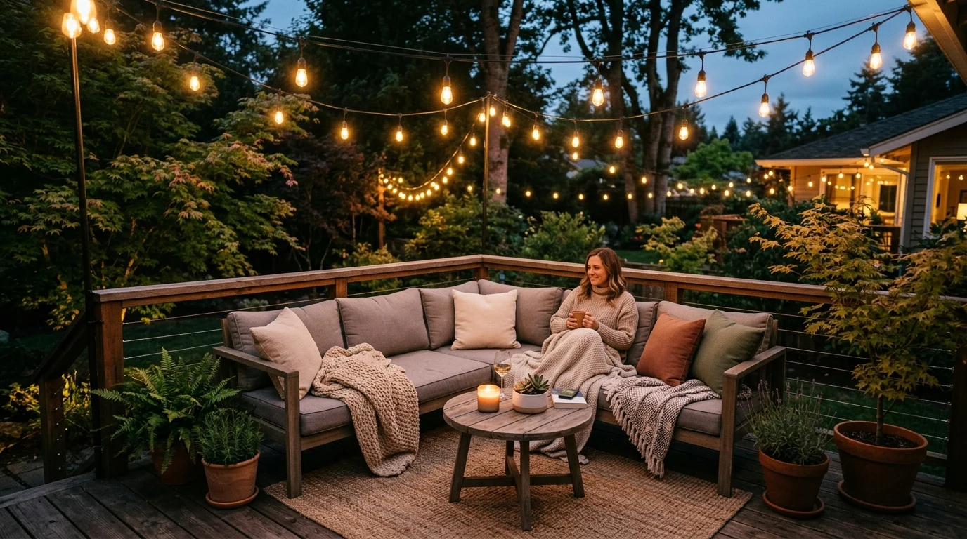 Small deck with built in bench seating and planter edge