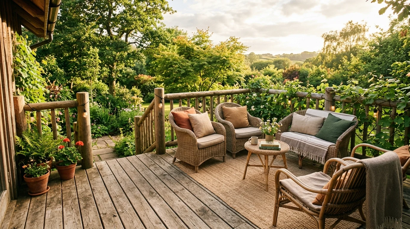 Modern deck with black railings and pale wood floorboards