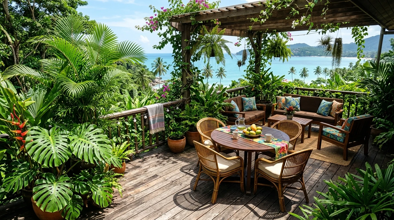 Coastal deck with white cushions and blue accents