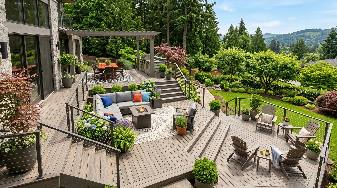 Rustic deck with farmhouse table and oversized planters