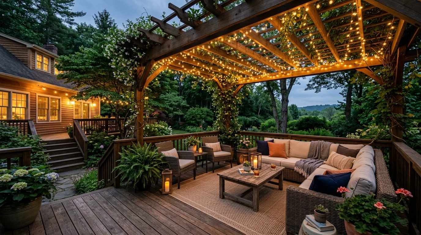 Luxury deck with fire pit lounge and integrated step lighting