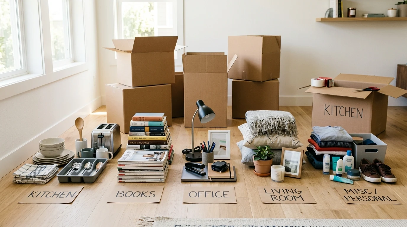 Kitchen unpacking station with sorted boxes and clear pantry containers