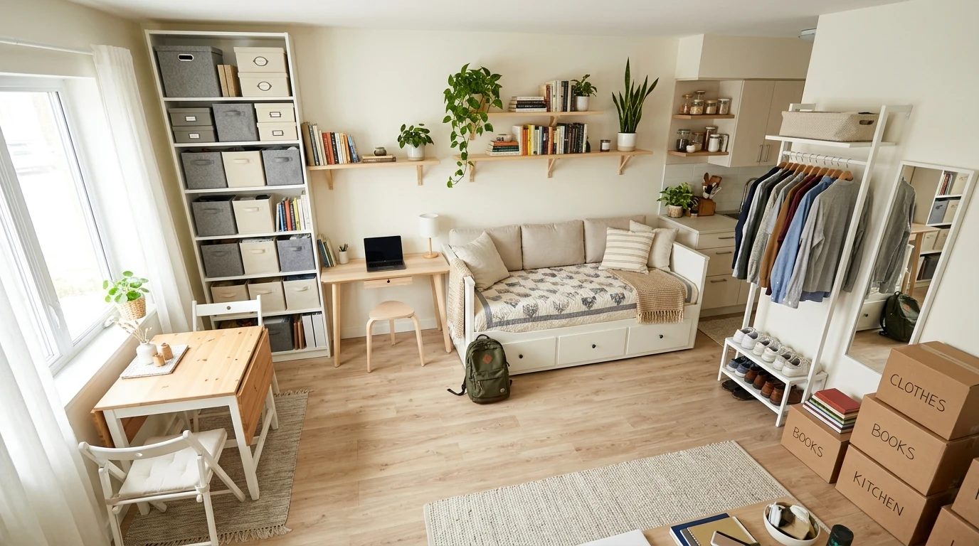Closet with hanging sections and storage bins sorted by category