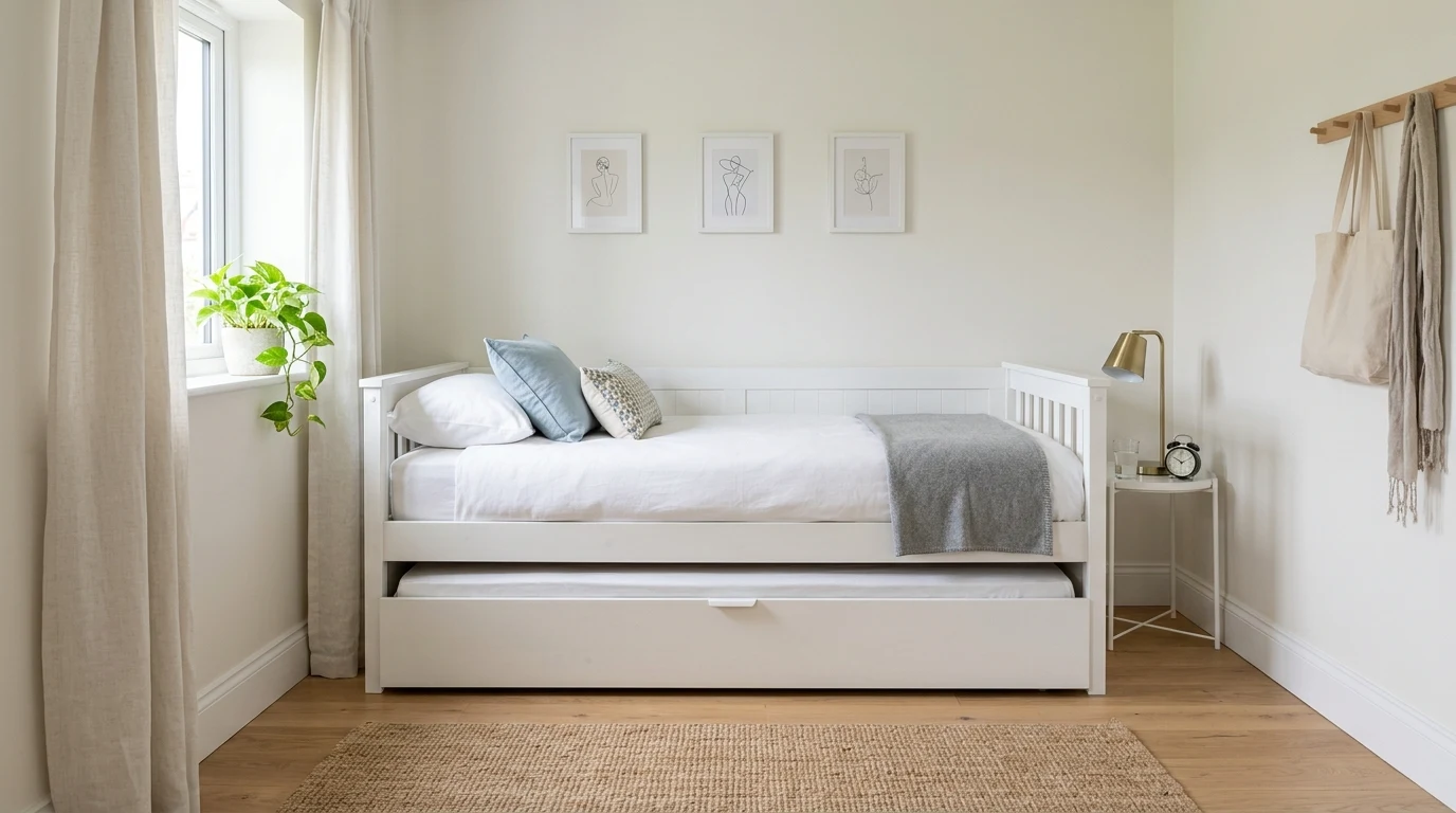 Kids bedroom with white daybed trundle and colorful storage baskets