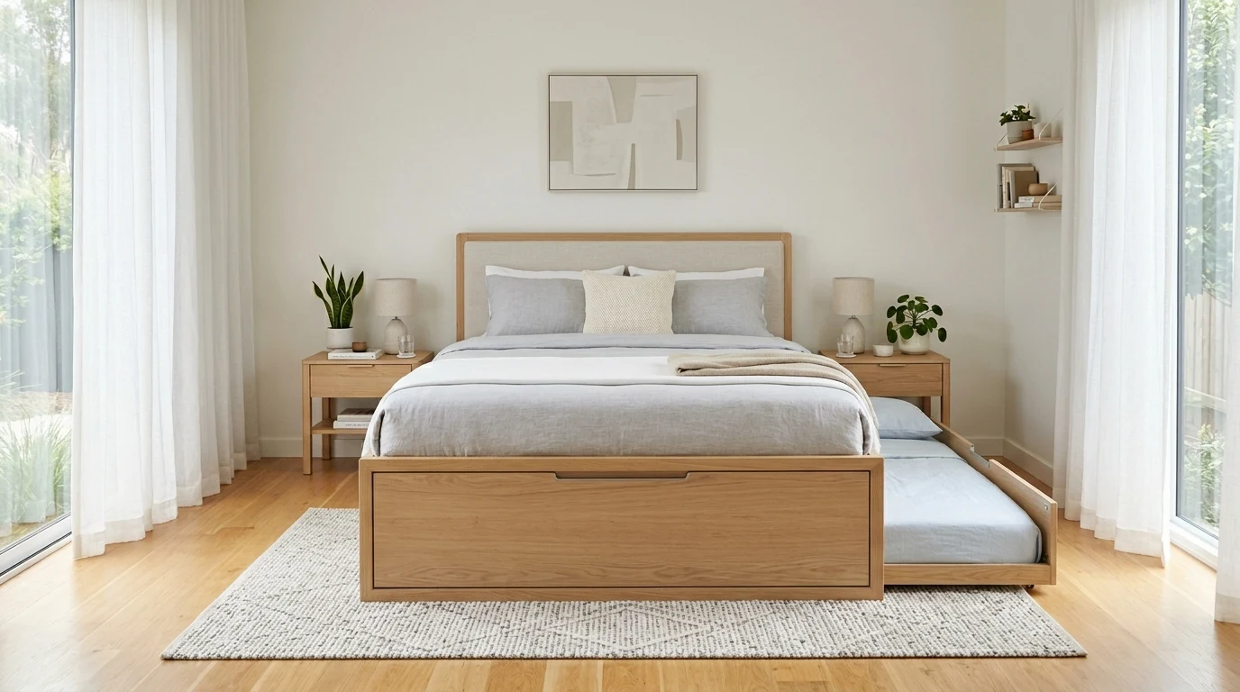 Coastal trundle bed nook with blue striped pillows and woven rug