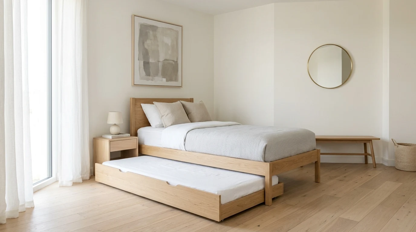 Home office guest room with daybed trundle and slim desk nearby