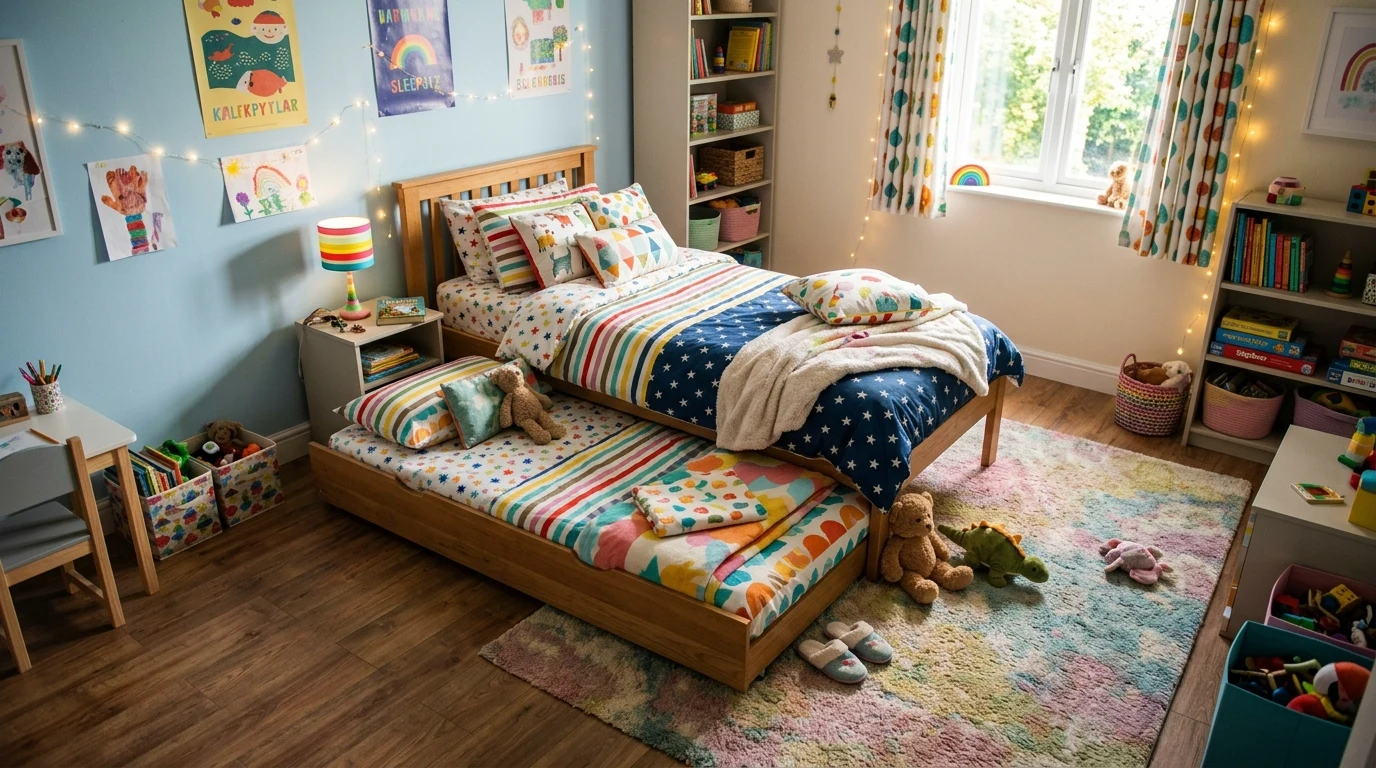 Scandinavian trundle bed with pale wood frame and simple linen layers