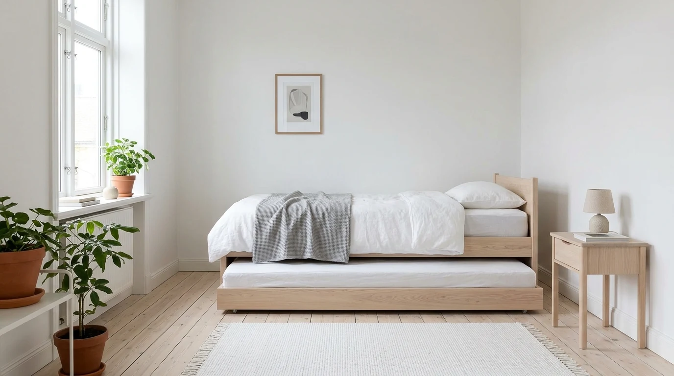 Modern black metal trundle bed with minimal bedding and wall sconces